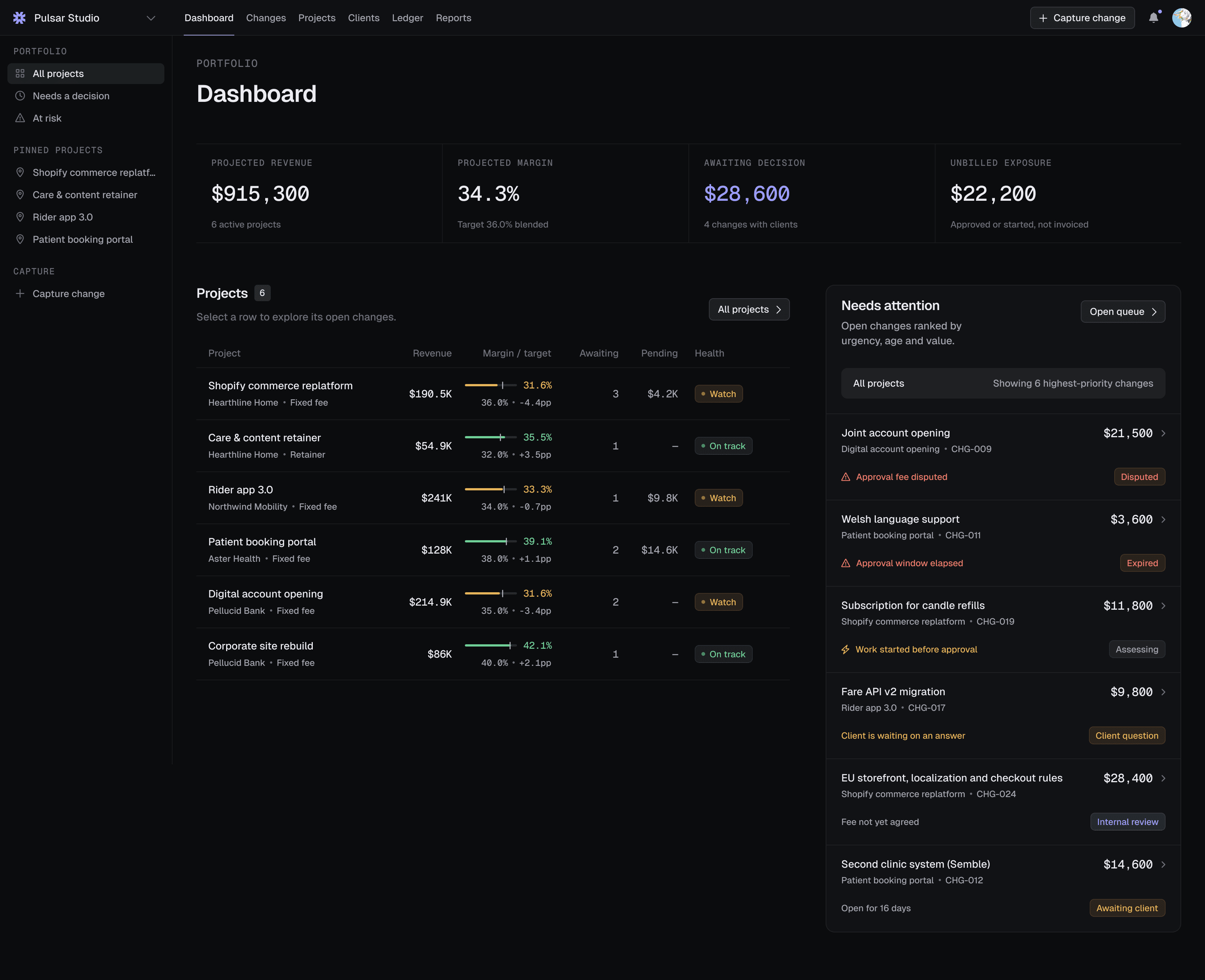 Evenra studio project dashboard