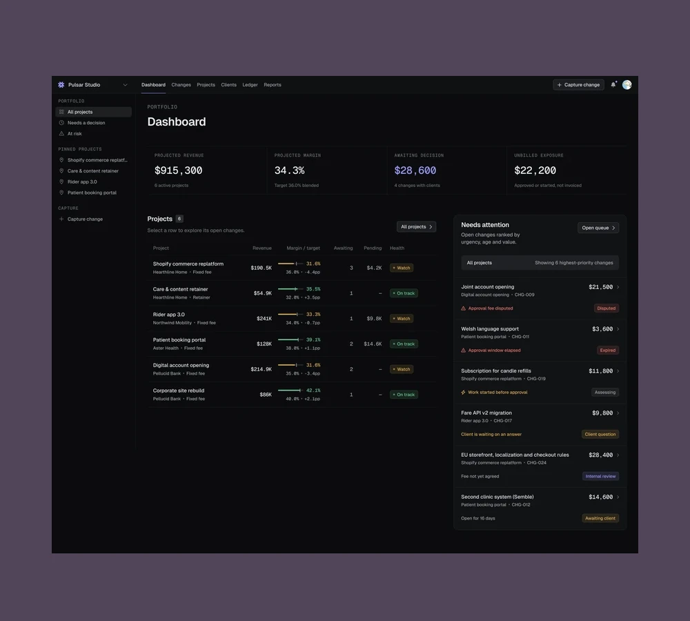Evenra studio project dashboard