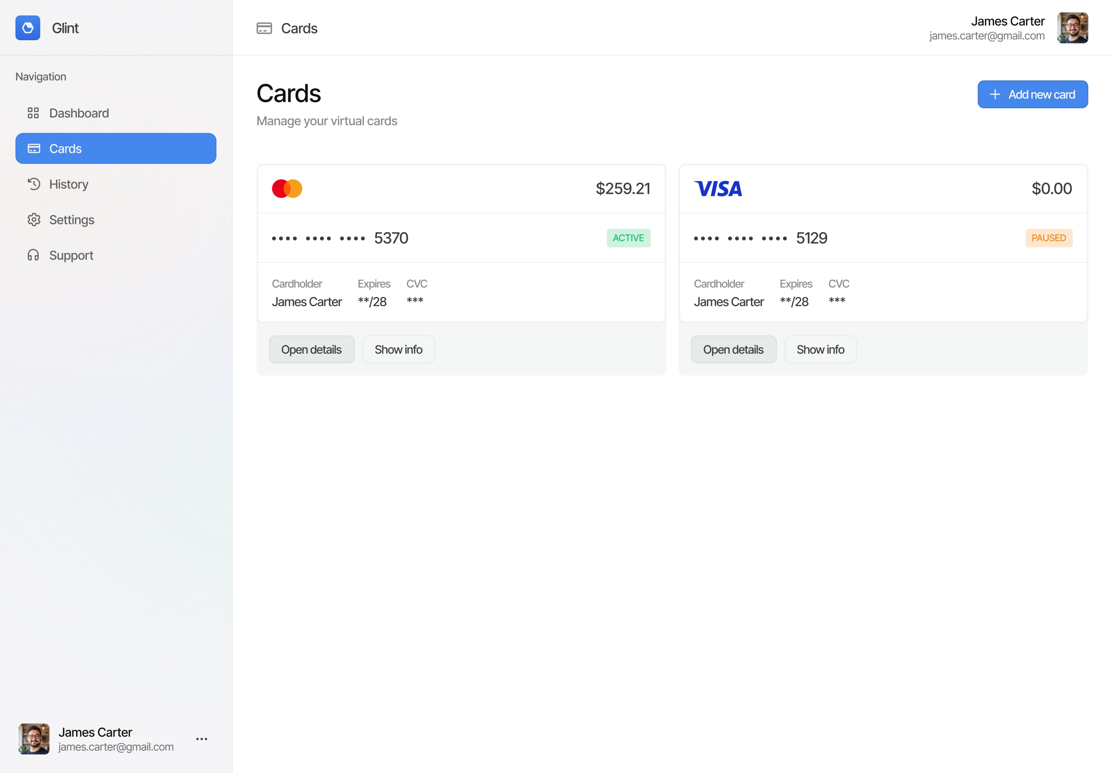 Glint concept: virtual cards with balances and states.