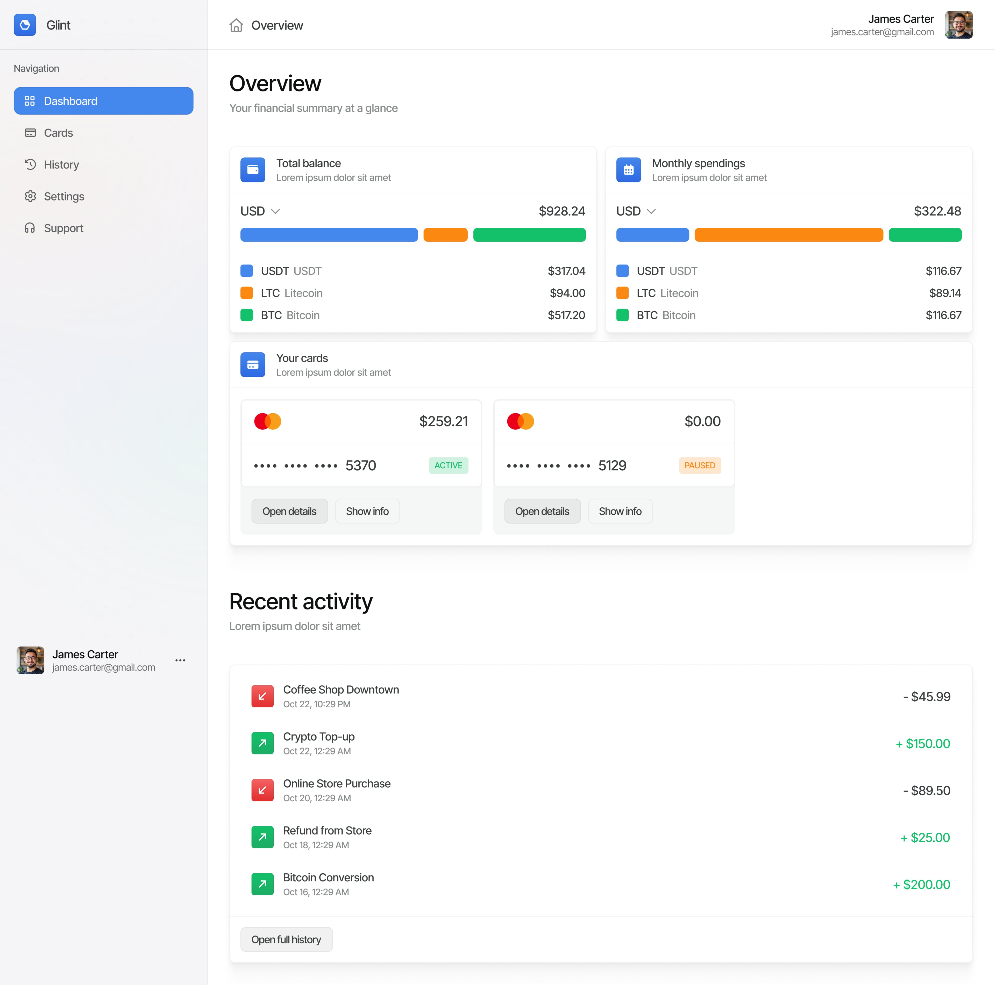 Glint concept: funds overview, cards and recent transactions.