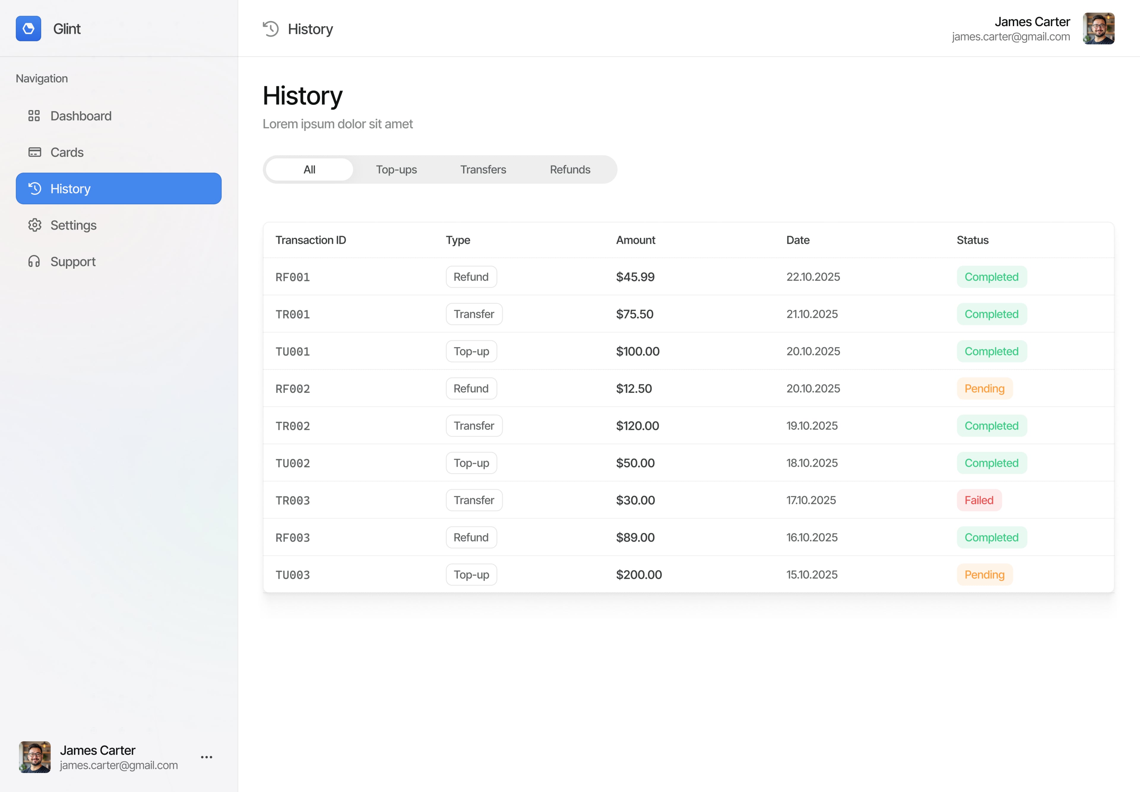 Glint concept: top-up, transfer and refund history with statuses.