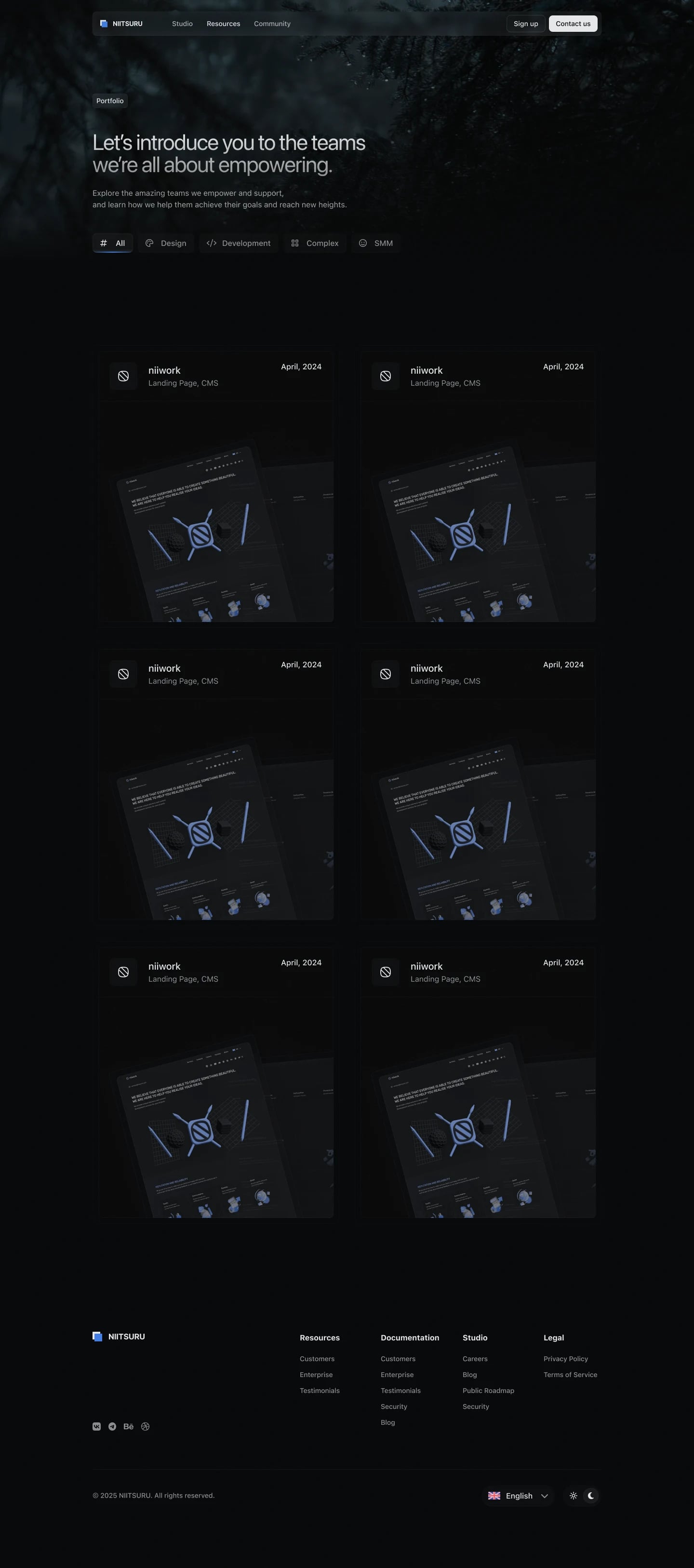NIITSURU portfolio page with category filters and a two-column grid of project cards on a dark forest background.