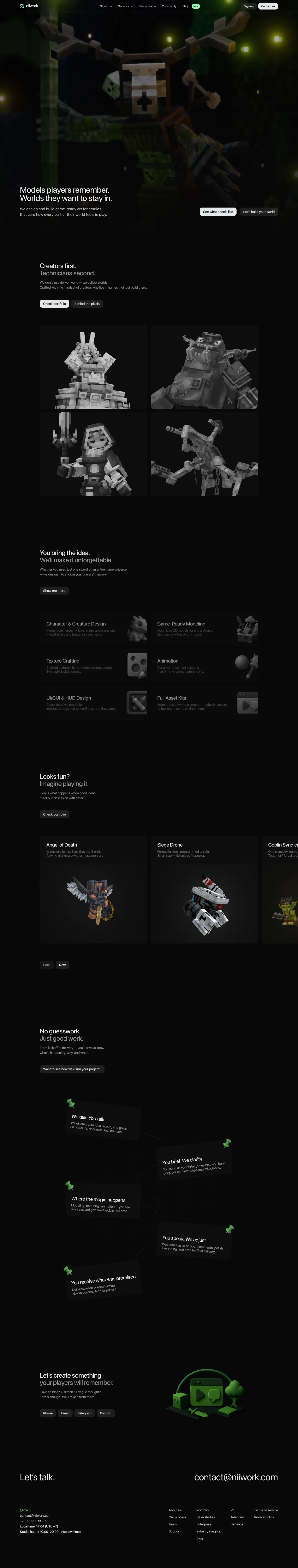 niiwork homepage with a dark green visual style, a large game character render, studio services, selected portfolio projects, process highlights, and a contact section.