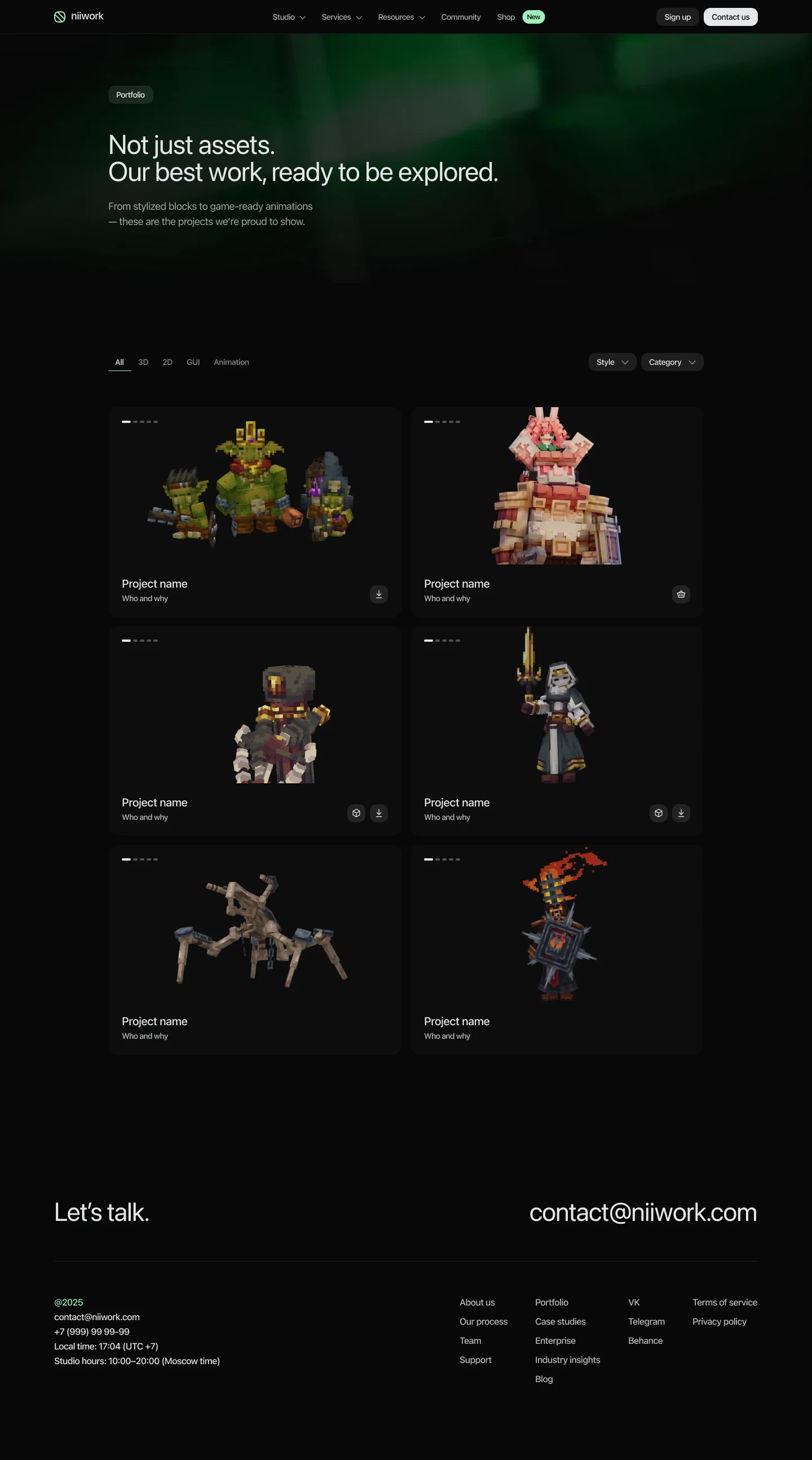 niiwork portfolio page showing a filtered two-column grid of stylized game characters and assets with category tabs and filtering controls.