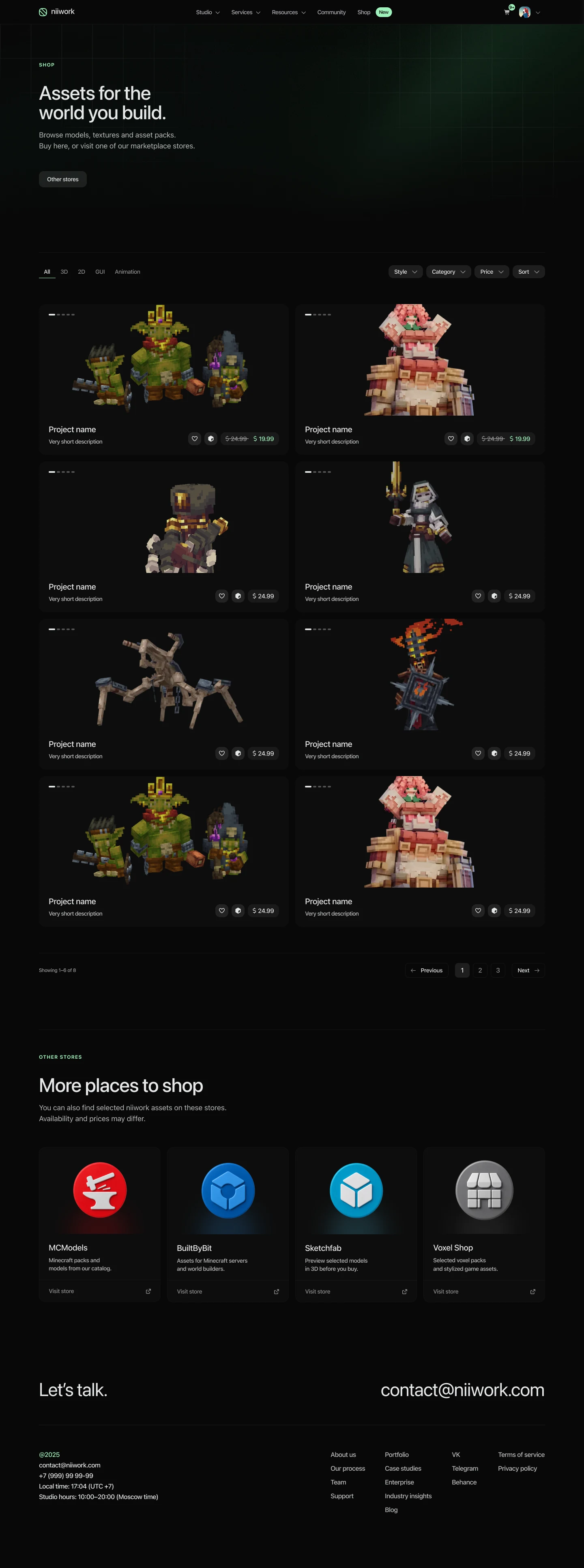 niiwork shop page showing a grid of purchasable game assets with category, style, price and sorting filters, followed by links to external marketplaces.