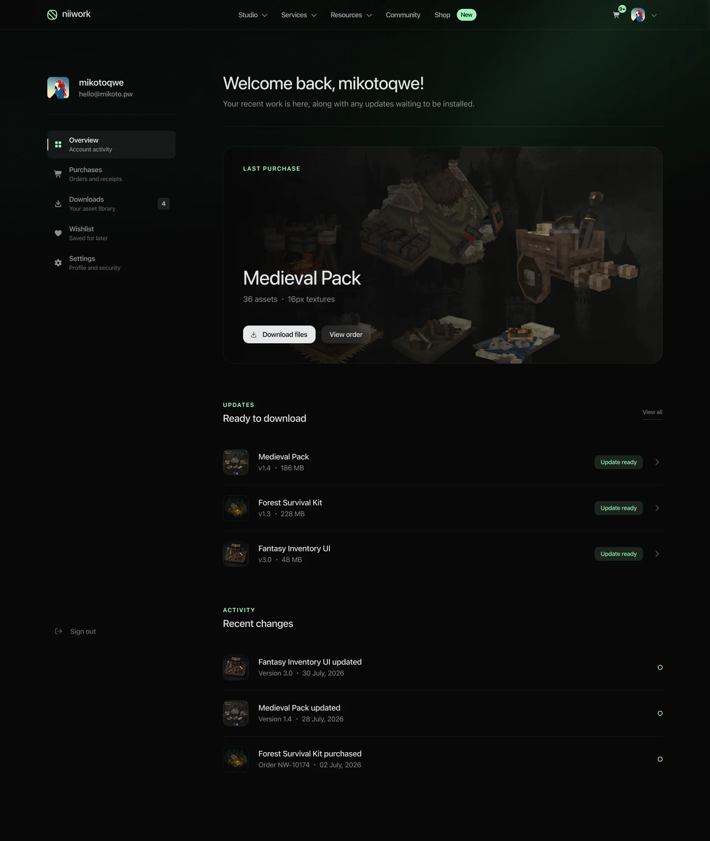 niiwork account overview with sidebar navigation, a recent Medieval Pack purchase, downloadable files, available asset updates, and a timeline of recent account activity.