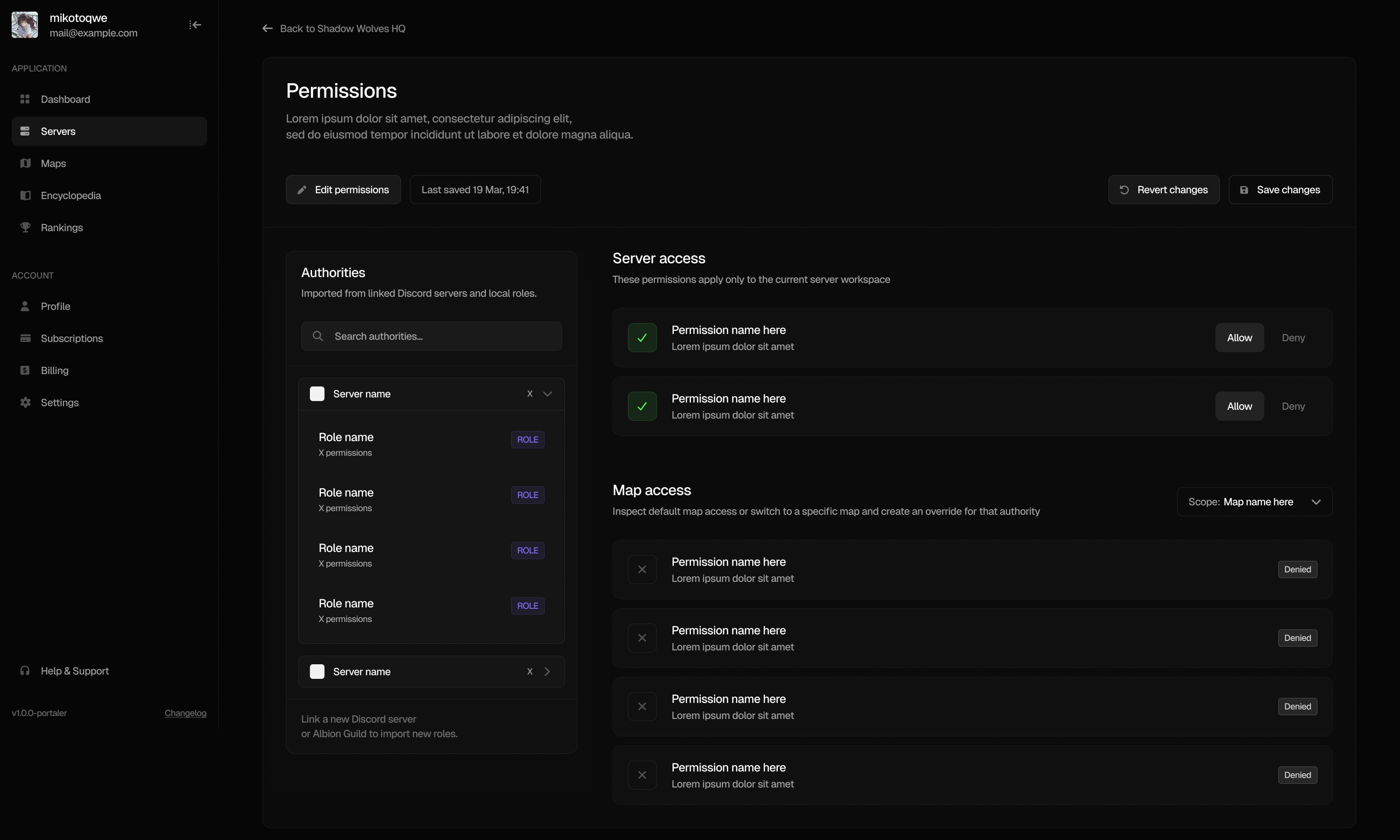 Portaler permissions with roles on the left and server and map access settings on the right.