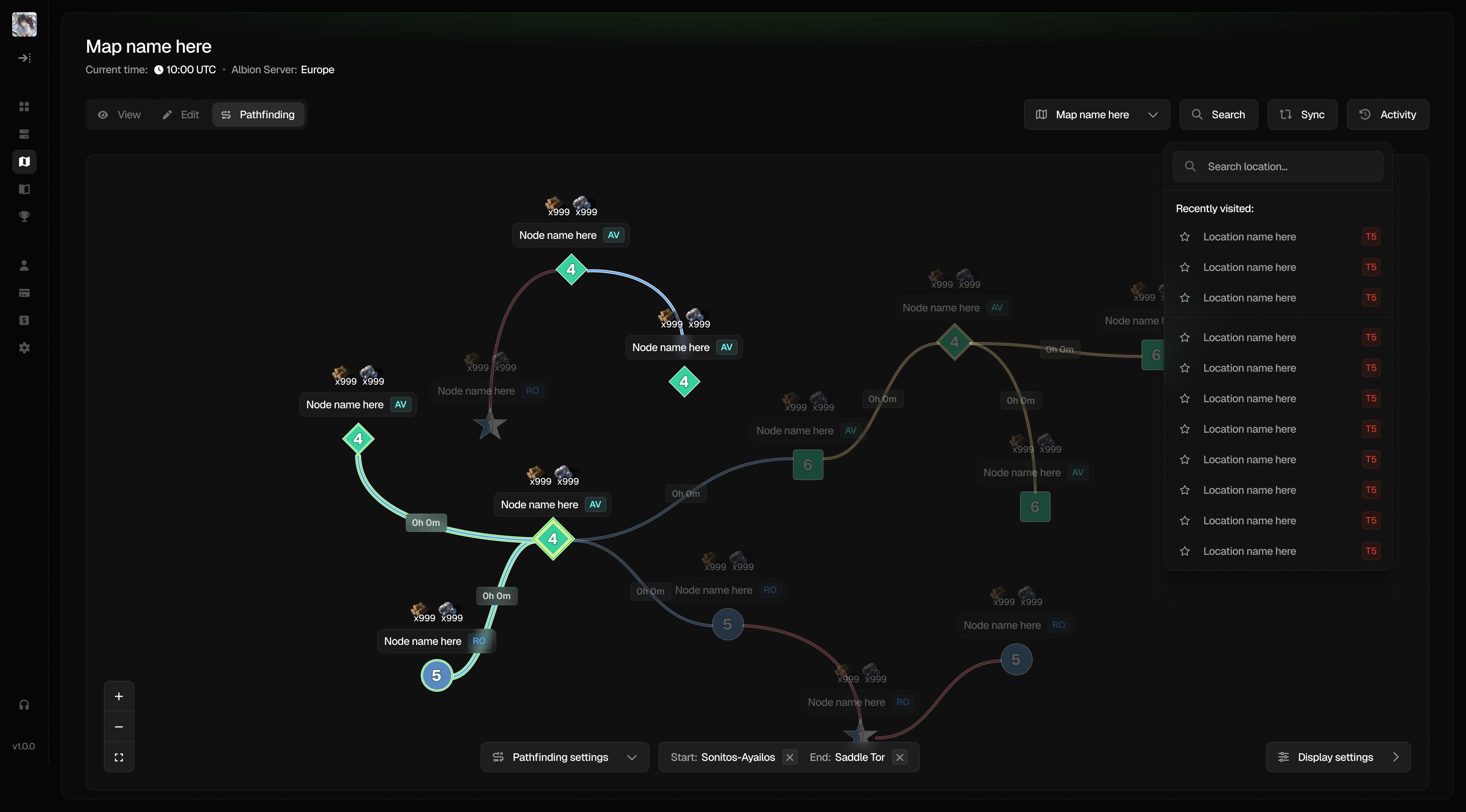 Portaler pathfinding with a highlighted route, start and end locations, and location search.