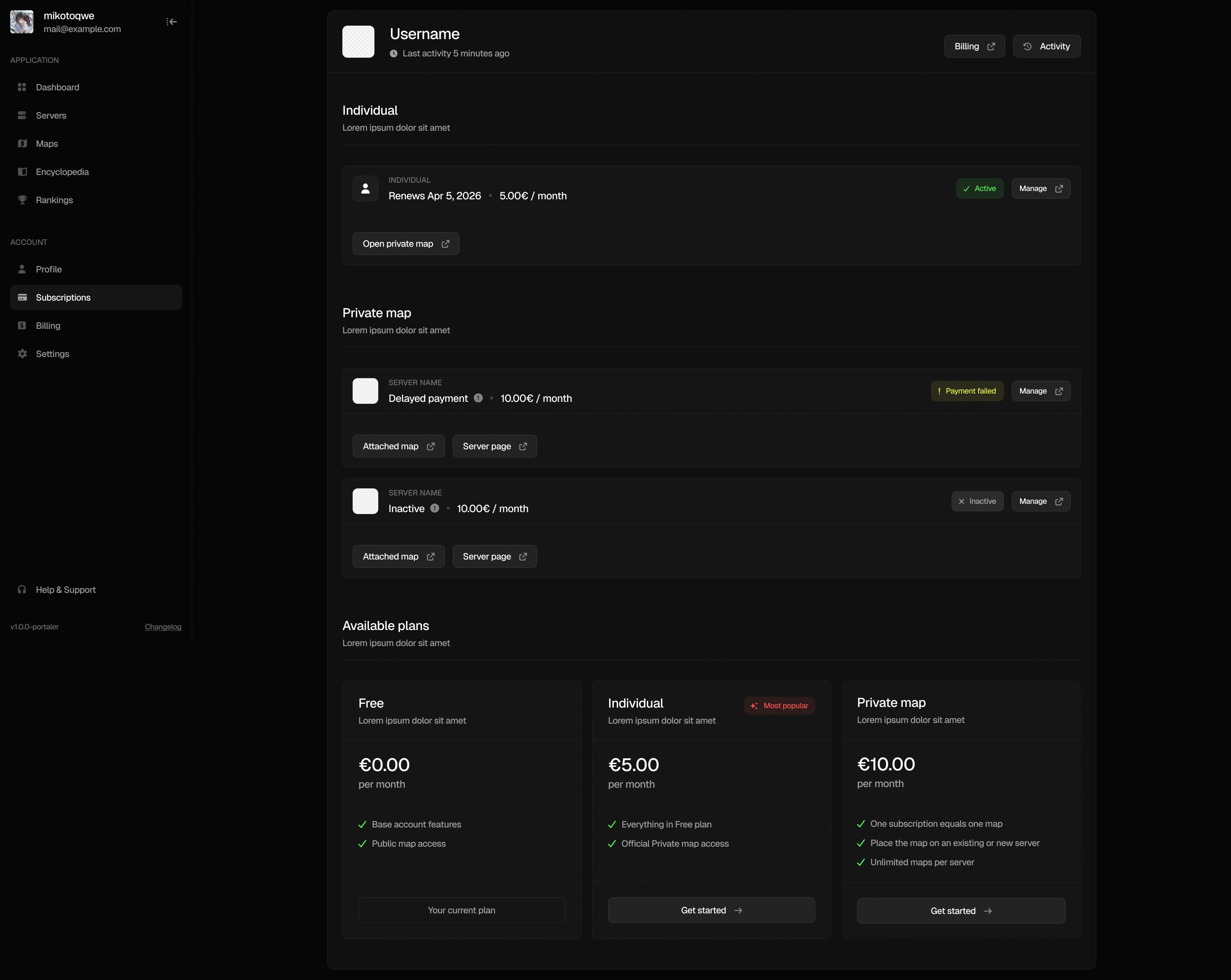 Portaler subscriptions with an individual plan, private maps and payment states.