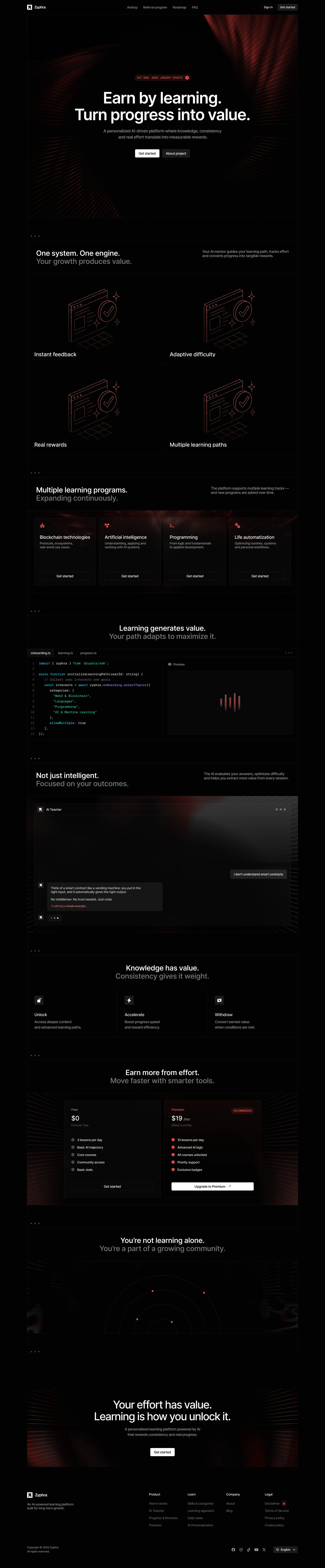 Long Zyphra landing page in black and red with an AI learning hero, platform features, course cards, code and AI teacher previews, reward steps, pricing, a community section, and a footer.