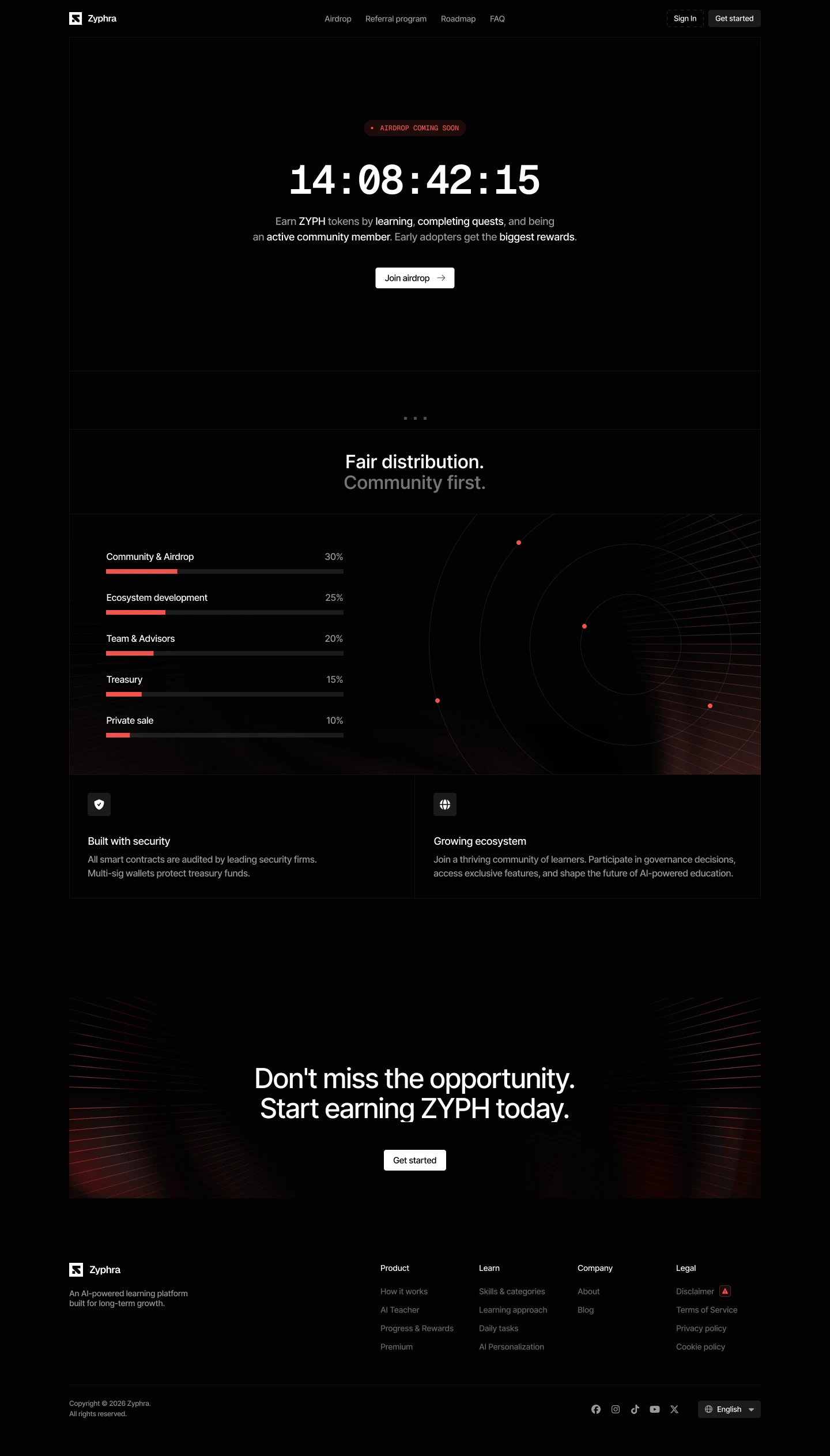 Zyphra airdrop page with a launch countdown, join button, token distribution percentages, ecosystem and security notes, and a closing call to action.