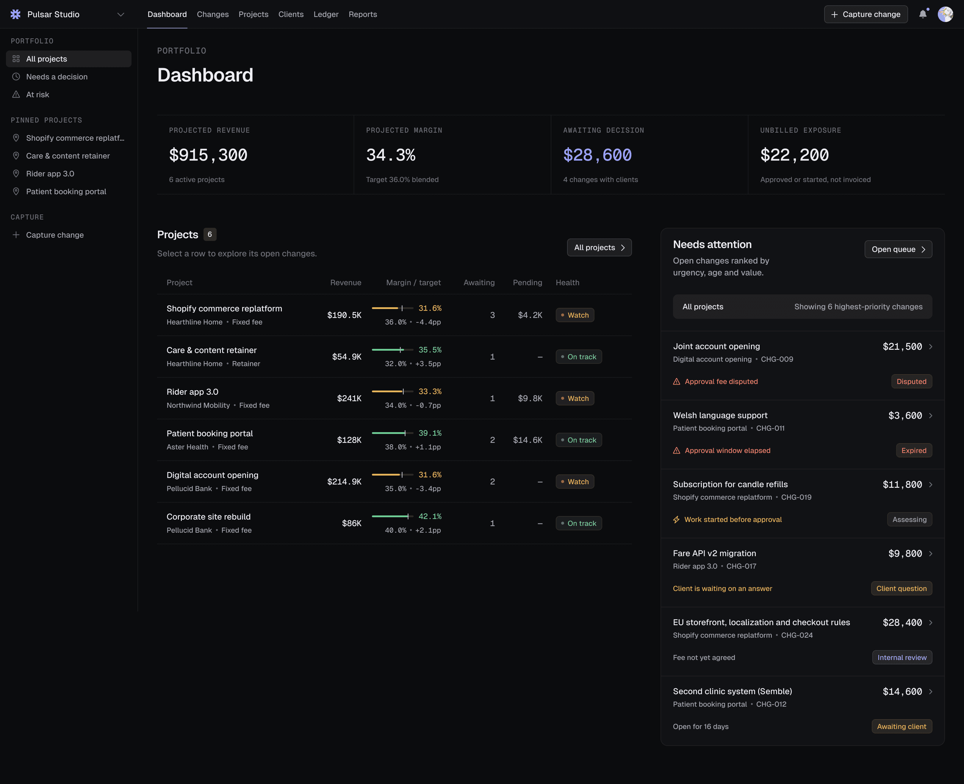 Evenra studio project dashboard